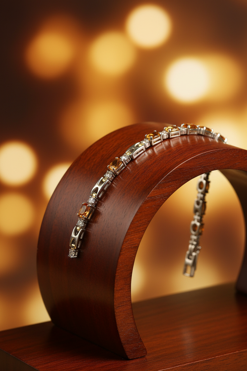 8 inch amber citrine and clear crystal silver tennis bracelet on wooden ramp with luxurious background