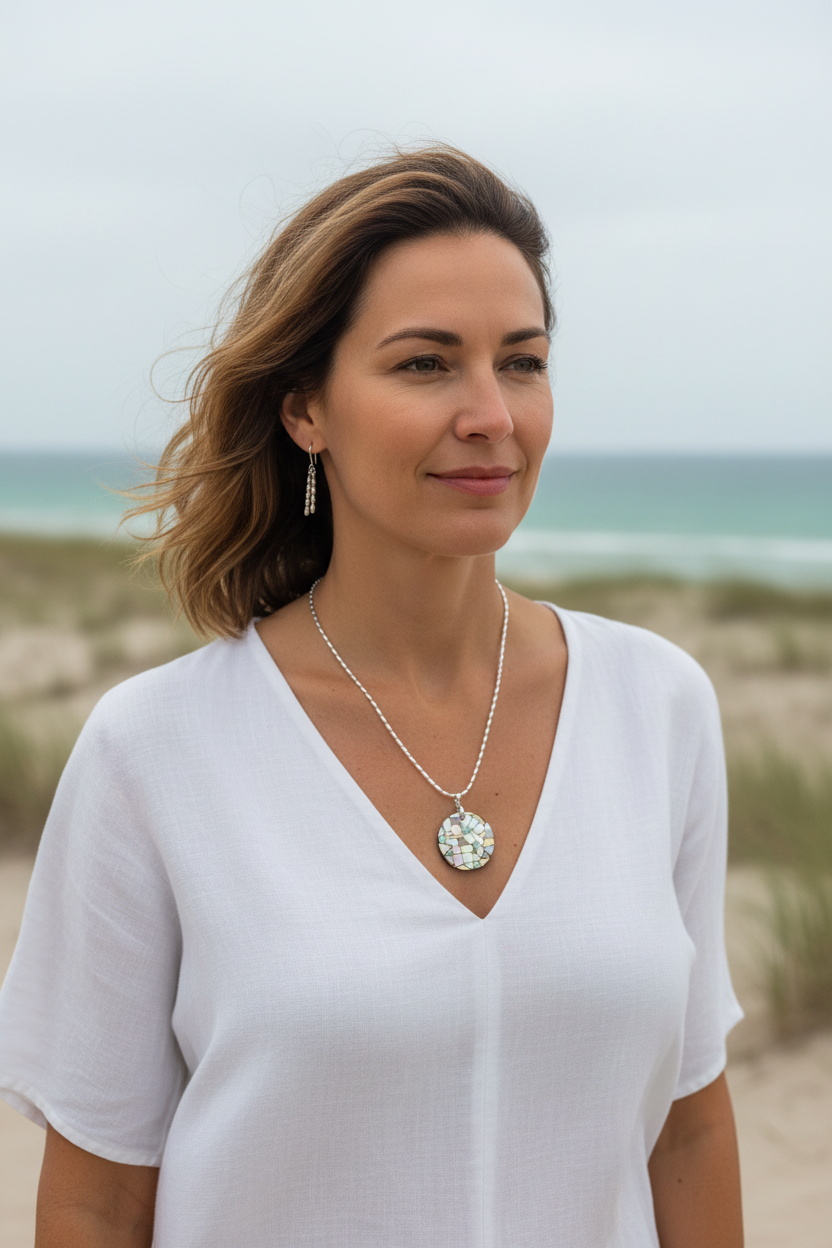 Model wearing silver oval bead necklace with mosaic shell pendant