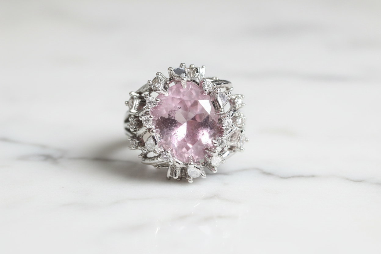 Pink quartz ring on white marble background