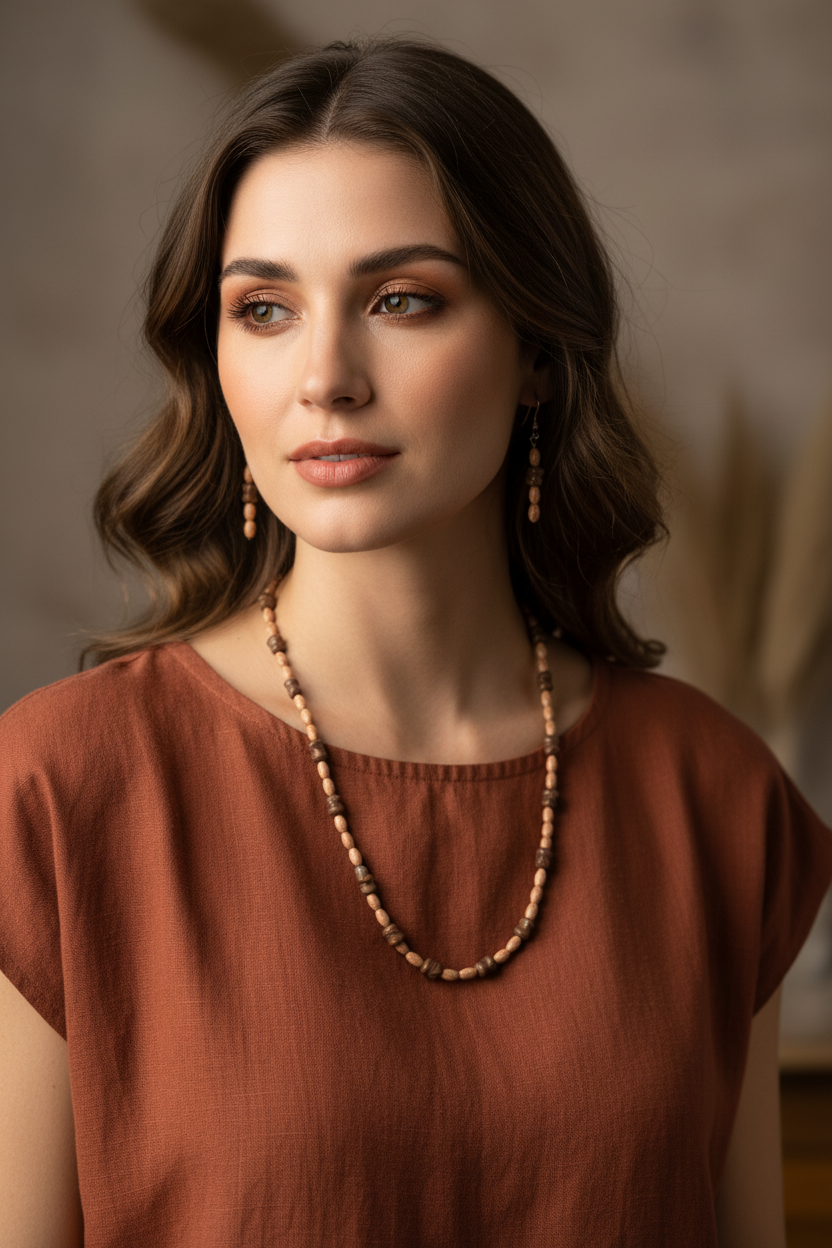 Model wearing elongated jasper and peanut jasper necklace and earring set