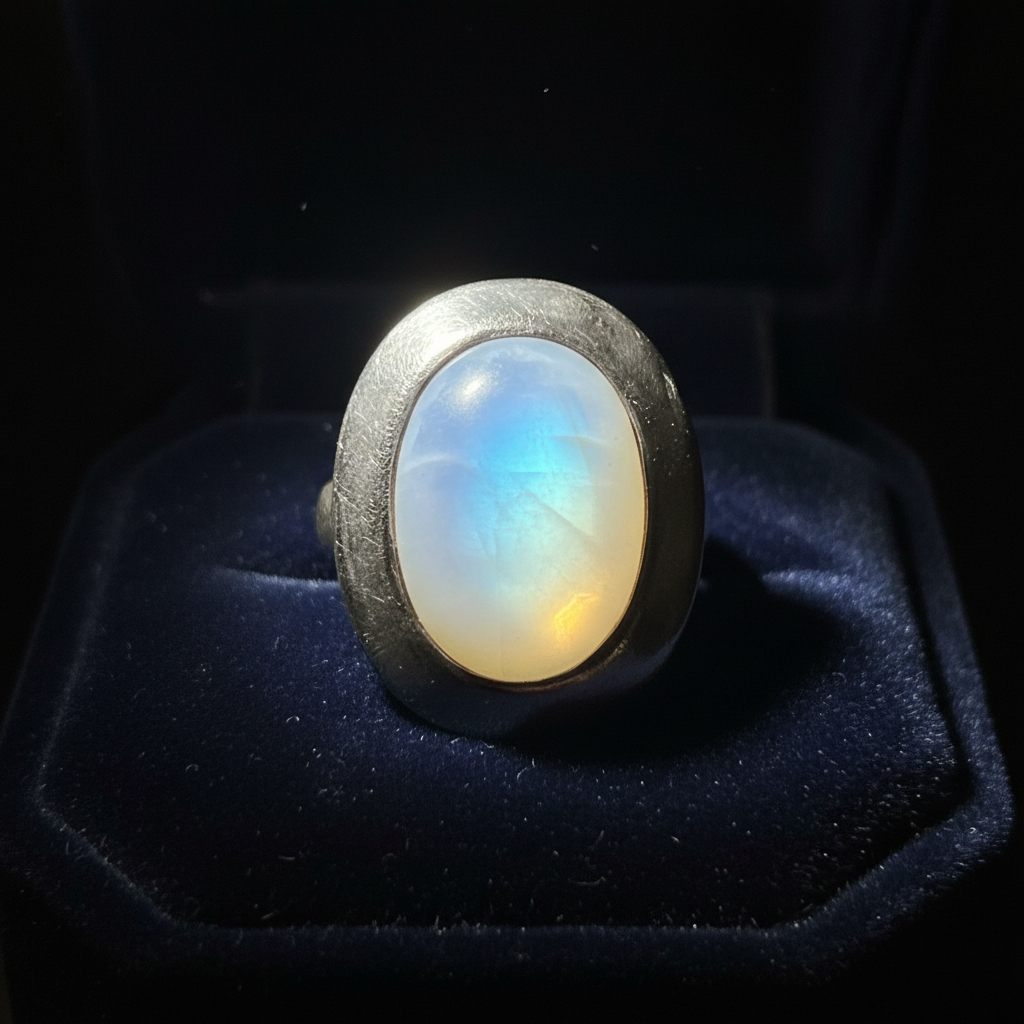 Moonstone ring on dark navy velvet background