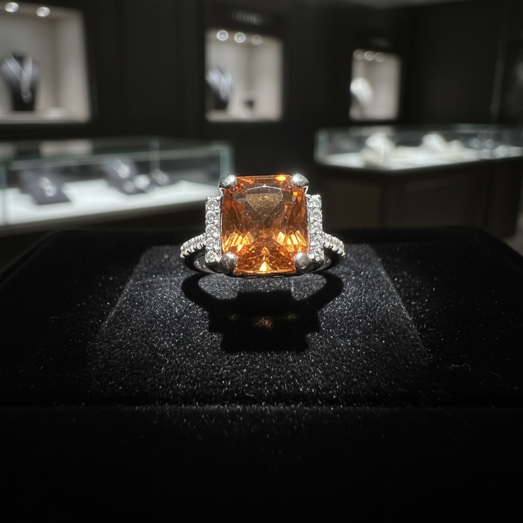Cushion cut orange topaz ring size 7 on dark velvet jewelry counter