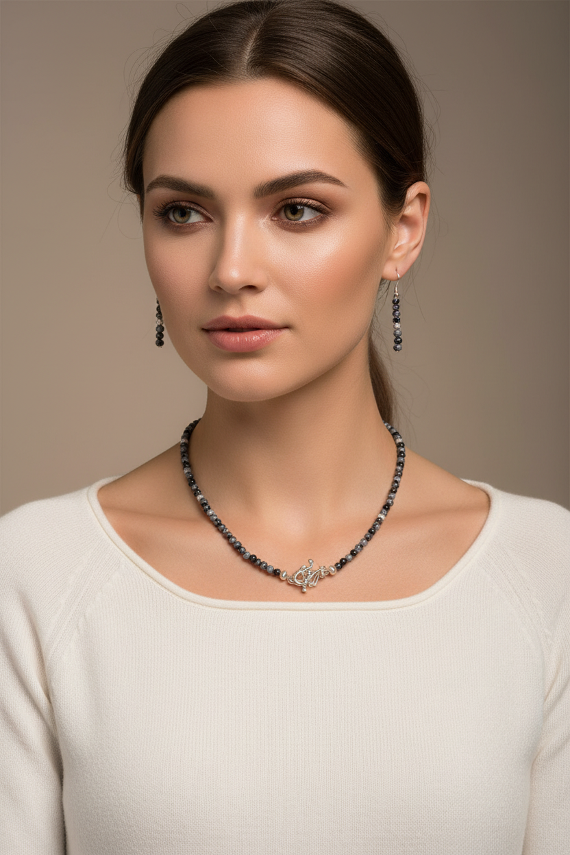 Model wearing Dalmatian jasper and silver necklace and earring set