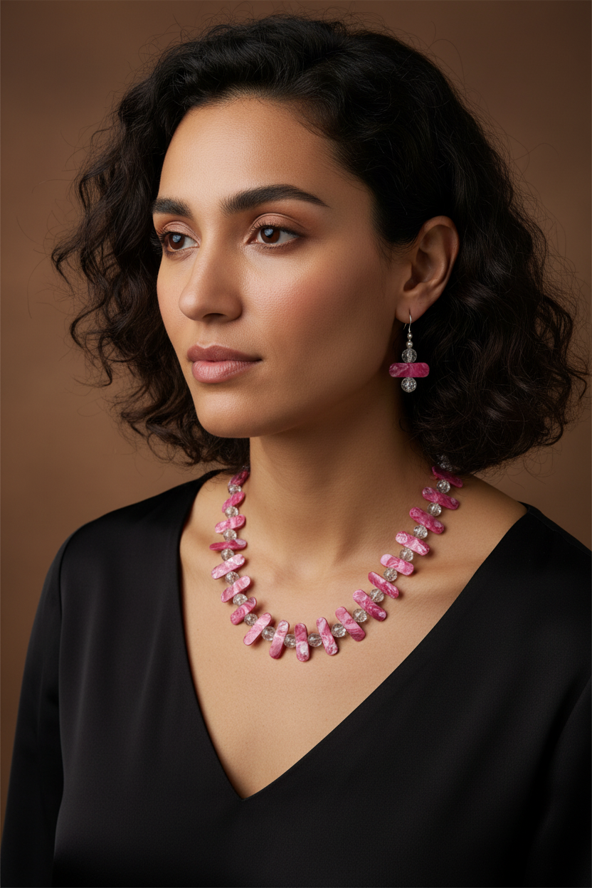 Model wearing pink marbled tab bead and silver crackle necklace and earring set