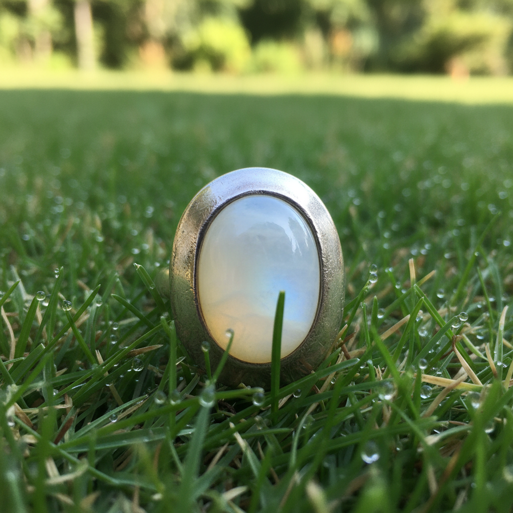 Moonstone ring on lush grassy outdoor setting