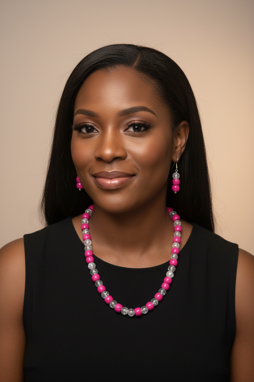 Black woman model wearing hot pink barrel bead necklace and crystal crackle earrings