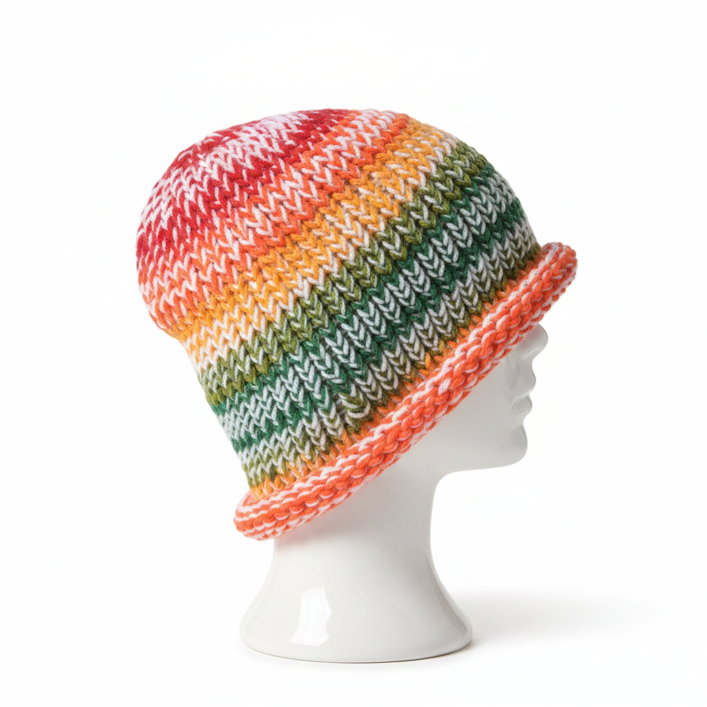 Ombre rainbow crochet beanie on display stand