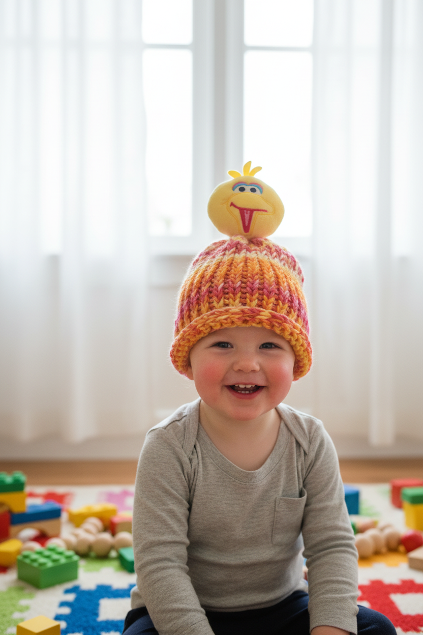 Child wearing colorful crochet beanie with Big Bird topper