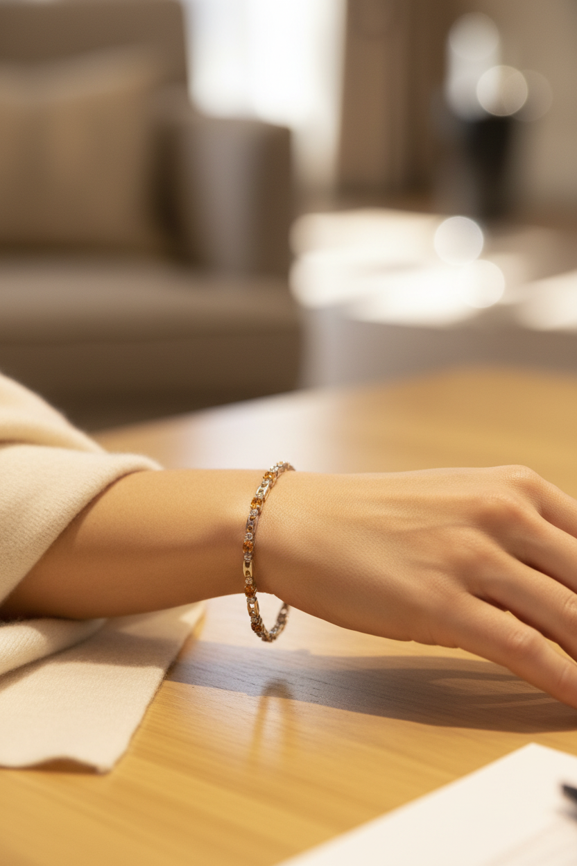 Model wearing 8 inch golden topaz and clear crystal 14K gold plated tennis bracelet