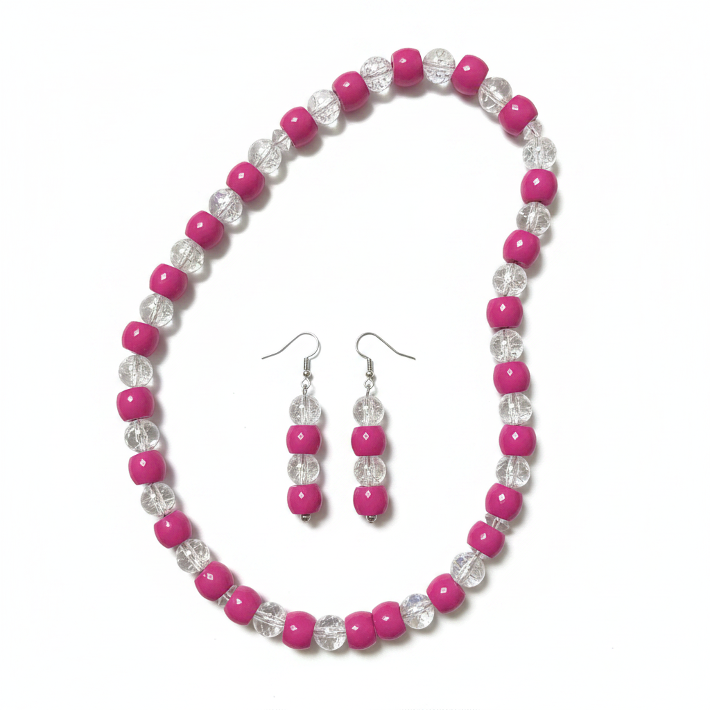 Hot pink barrel bead necklace and earrings on white background