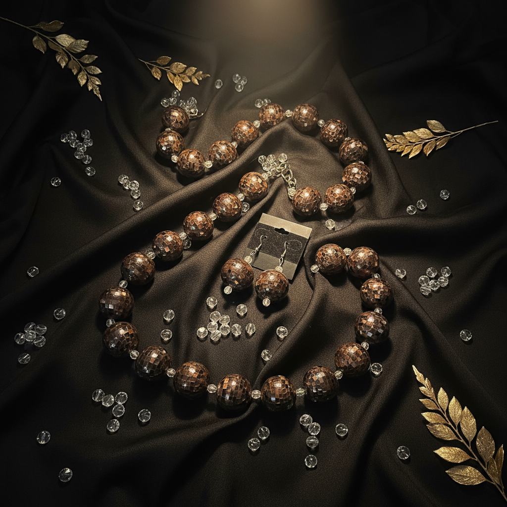 Mosaic shell and Czech crystal necklace set on black silk with crystal accents and gold botanicals