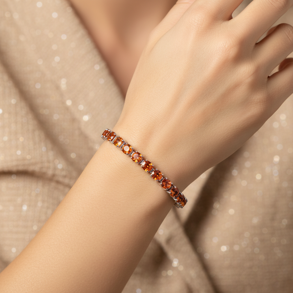 7 inch rhodium topaz crystal tennis bracelet on model's wrist