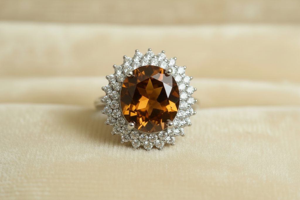 Honey gold topaz quartz halo ring on cream ivory background