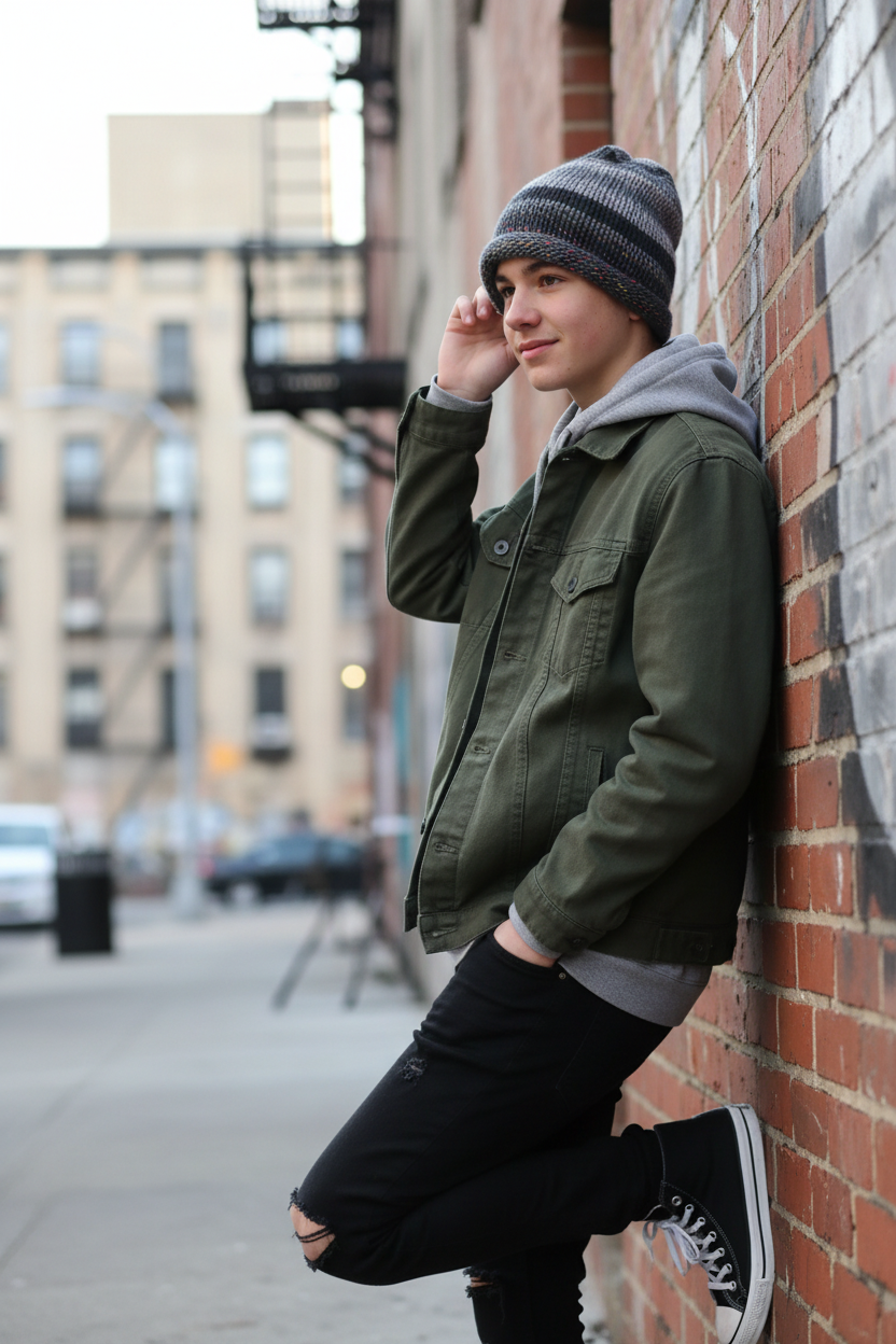 Teenage boy wearing gray charcoal slouchy striped crochet beanie