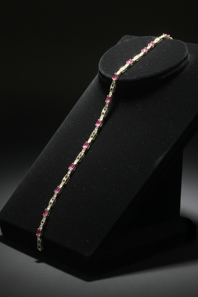 8 inch pink and clear crystal silver tennis bracelet on luxurious velvet ramp