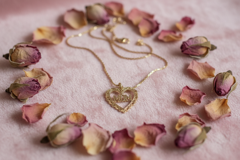 Vintage Mom heart necklace on blush pink with rose petals