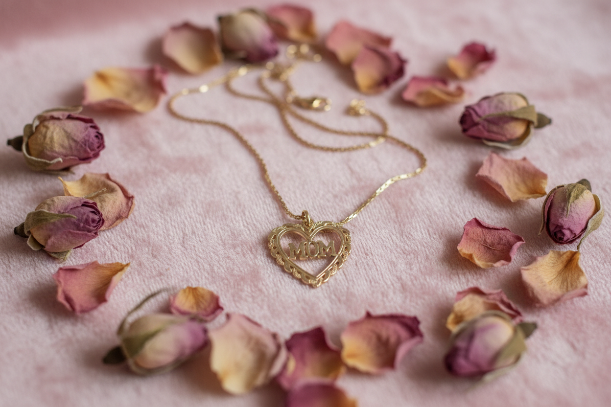 Vintage Mom heart necklace on blush pink with rose petals