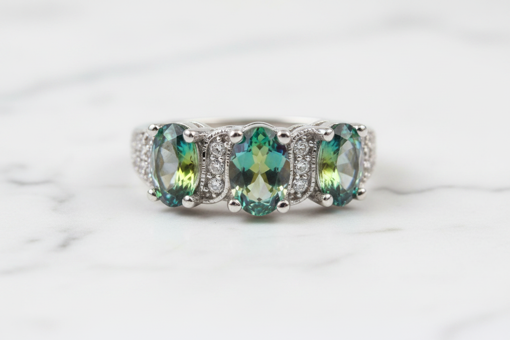 Rainbow mystic topaz ring on white marble background