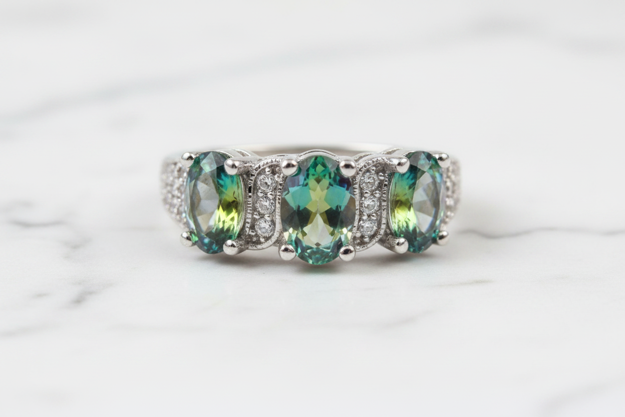 Rainbow mystic topaz ring on white marble background