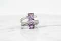 Purple quartz cocktail ring on white marble background