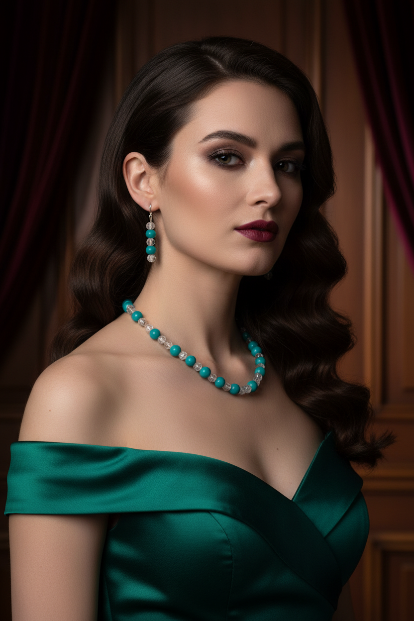 Luxury editorial model wearing teal and crackle glass beaded necklace and earring set