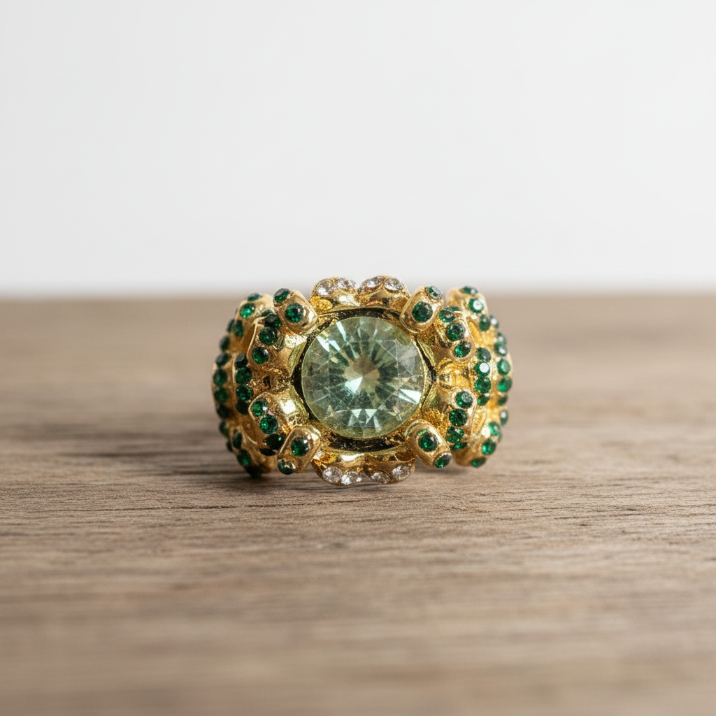 Ring flat lay on rustic wooden surface