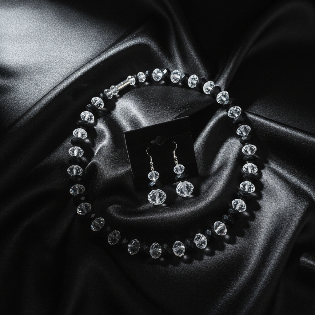 Black and crystal necklace set on black satin fabric