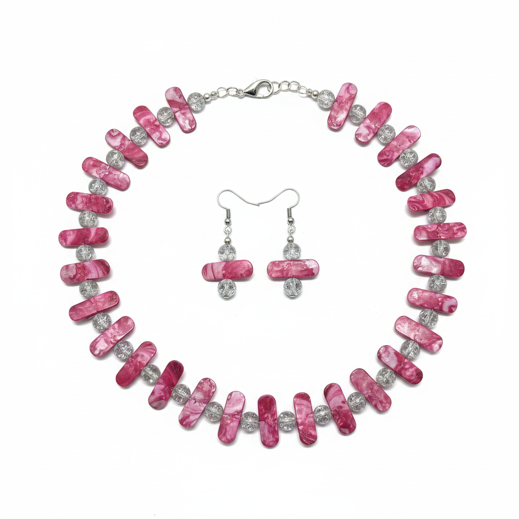 Pink marbled tab bead and silver crackle necklace and earring set on white background