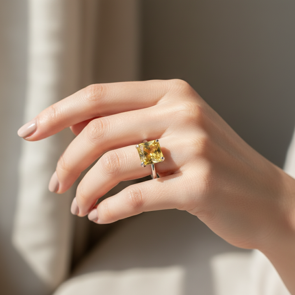 Yellow quartz ring worn on model hand size 7