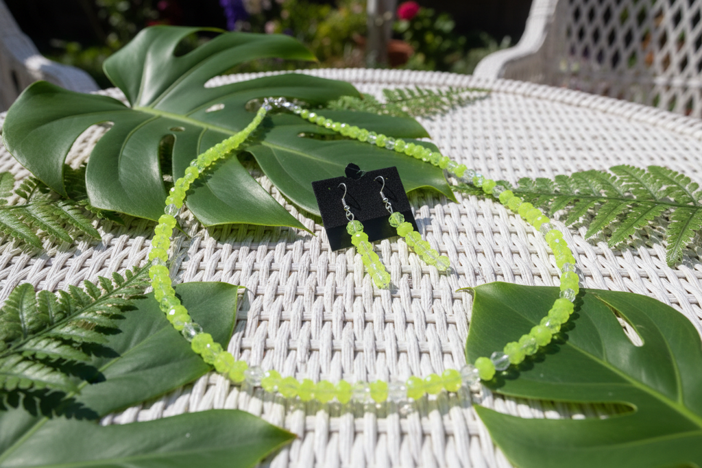 Lime green daisy bead necklace and earrings tropical lifestyle shot