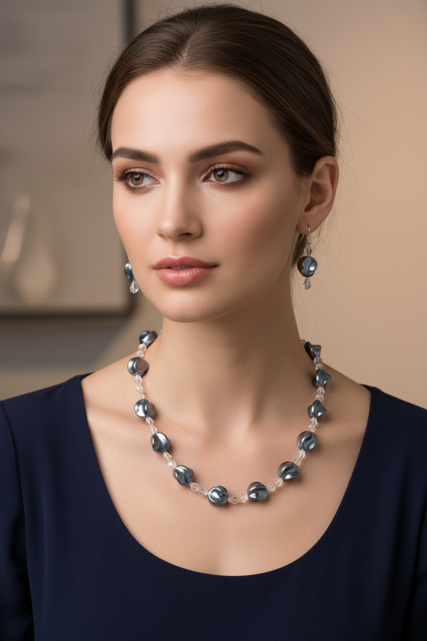 Model wearing dark blue-grey coin pearl and crystal necklace and earring set