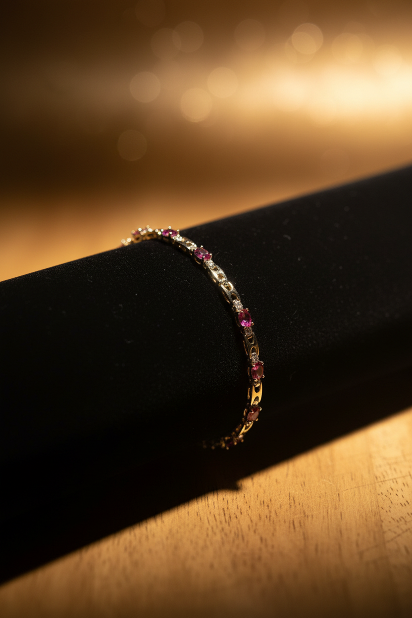 7.5 inch ruby and clear crystal 14K gold plated tennis bracelet on jewelry display ramp