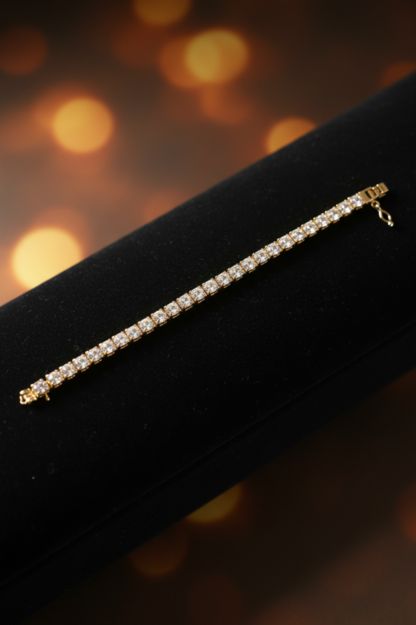 8 inch square crystal 14K gold plated tennis bracelet with slide lock clasp on jewelry display ramp