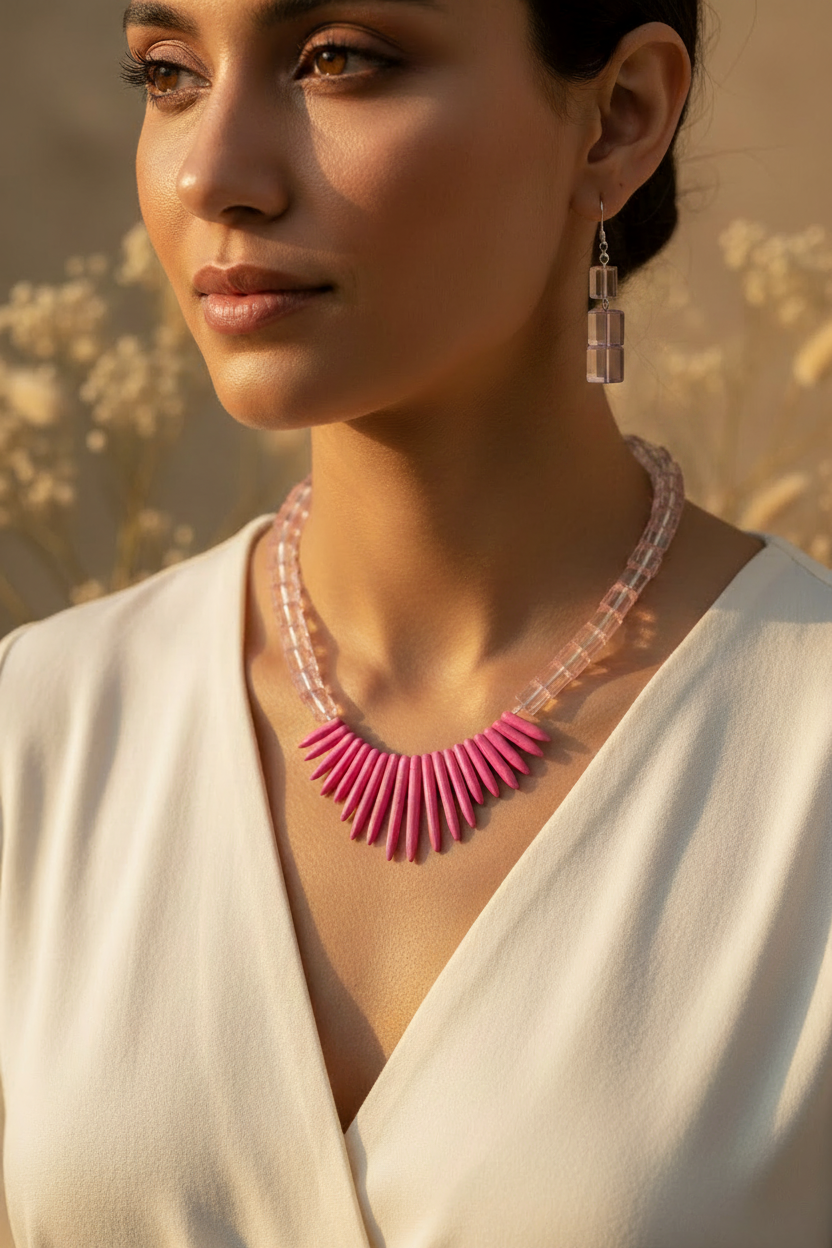 Model wearing Pink Spike & Cube Beaded Necklace Set with clear lavender cube earrings