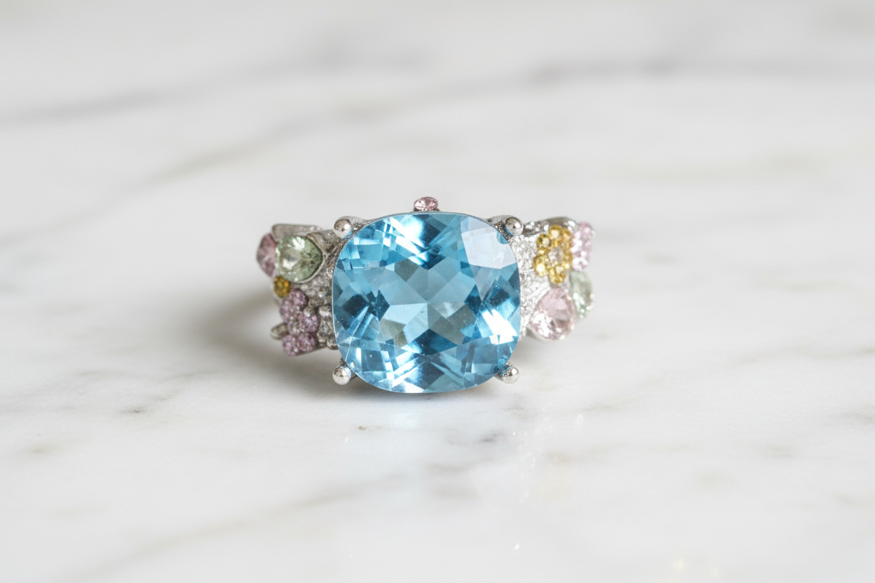 Blue quartz cocktail ring on white marble background