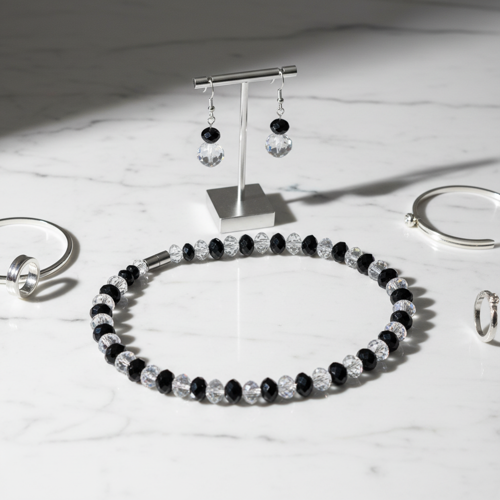 Black and crystal necklace set on white marble