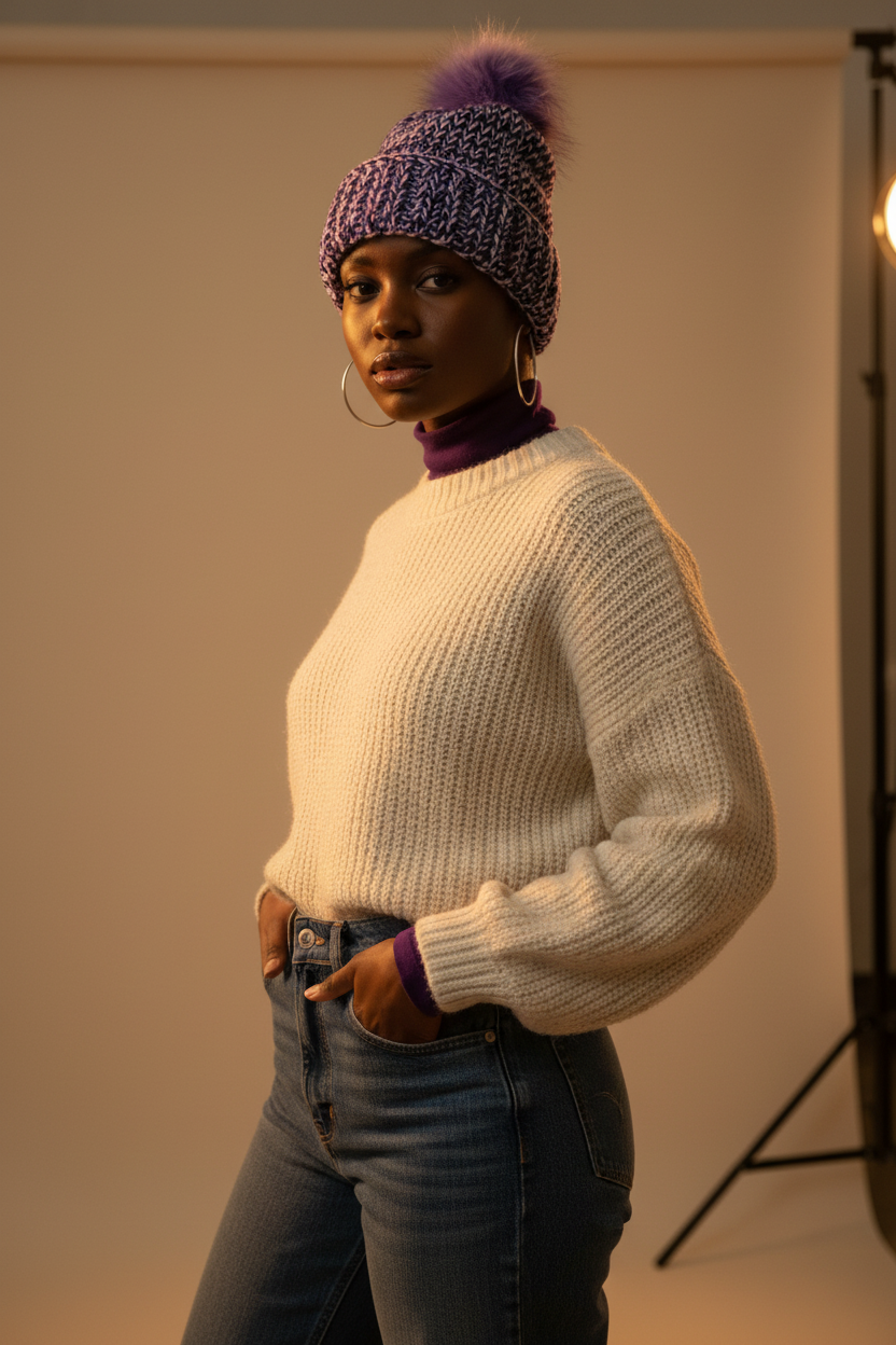 Model wearing purple white crochet pom-pom beanie