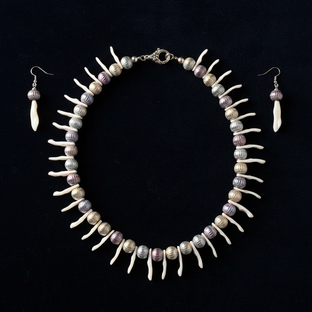 MOP shell and aluminum necklace set flat lay on dark velvet