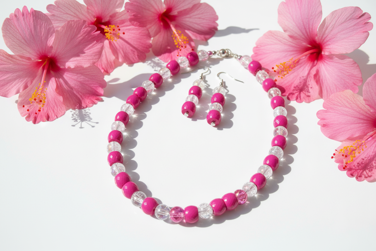 Hot pink barrel bead necklace and earrings tropical hibiscus lifestyle