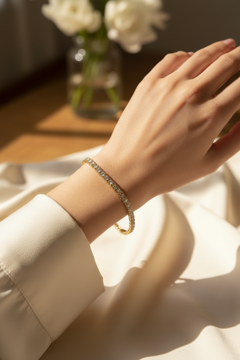 Model wearing 8 inch square crystal 14K gold plated tennis bracelet with slide lock clasp