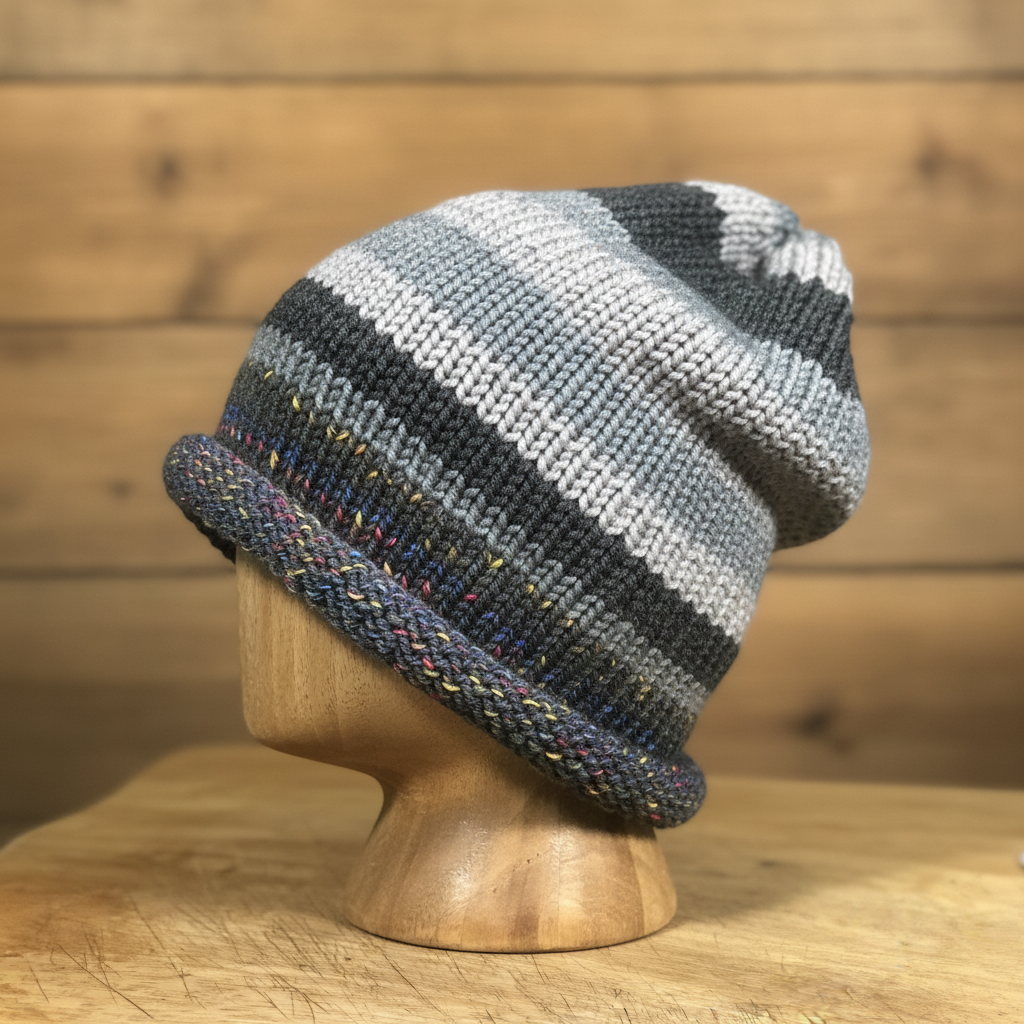 Gray charcoal slouchy striped crochet beanie on wooden display