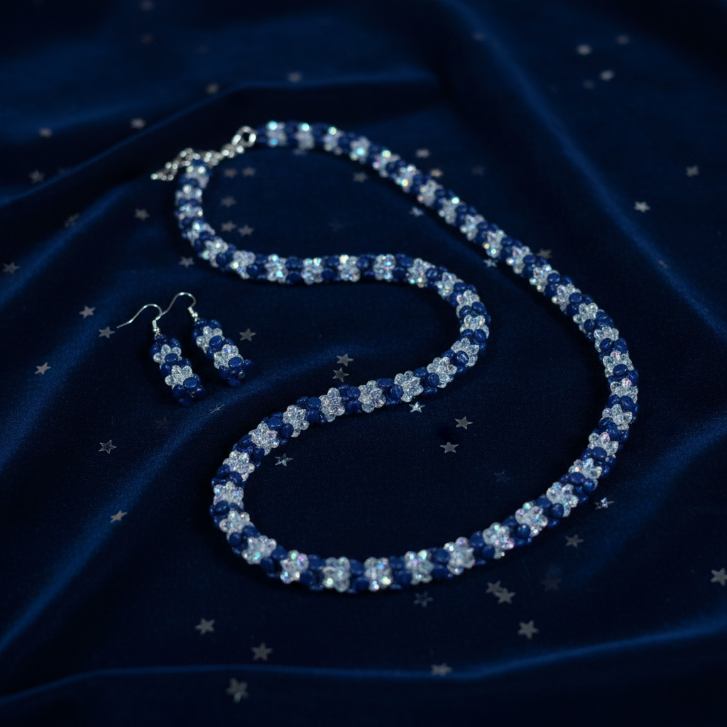 Navy blue and AB crystal necklace set draped on navy velvet with celestial silver accents