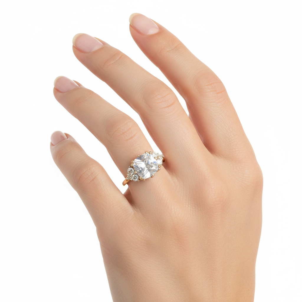 Cushion cut crystal ring size 7 on woman's finger
