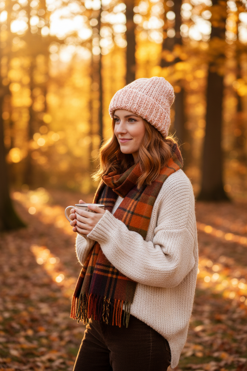 Model wearing blush peach crochet beanie - fall styling