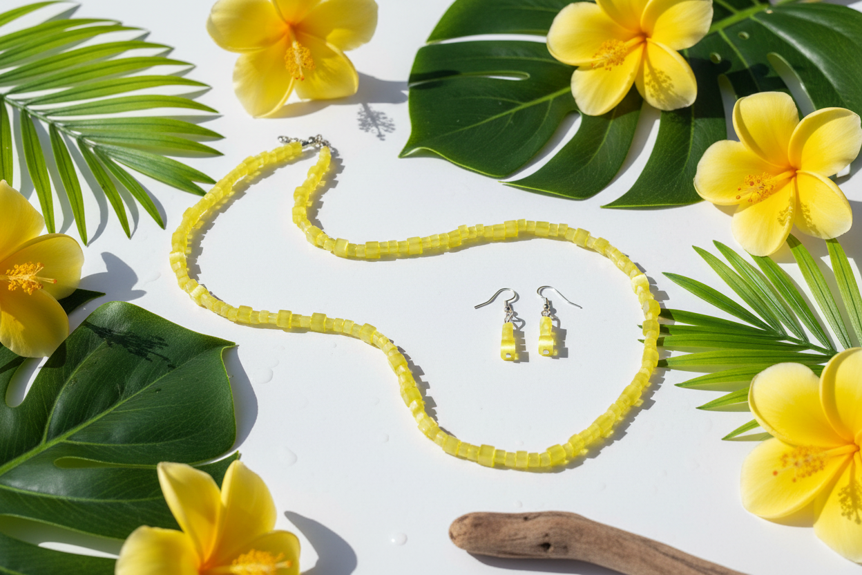Yellow cube cat's eye bead necklace and earrings tropical sunshine lifestyle