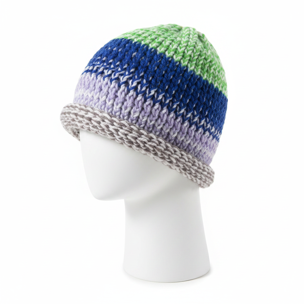 Green blue lavender ombre crochet beanie on display stand