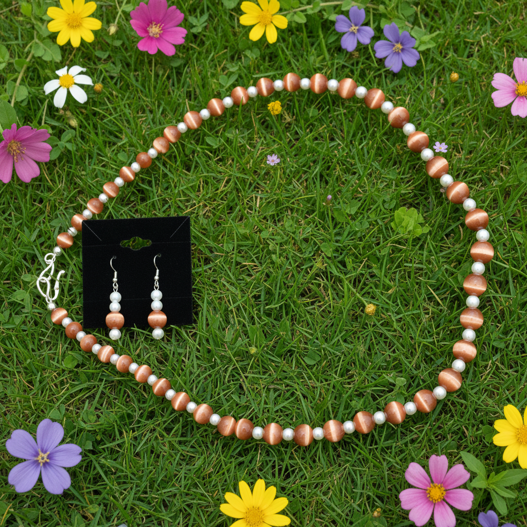 Styled product photo of orange cat's eye and pearl beaded necklace and earring set on white background