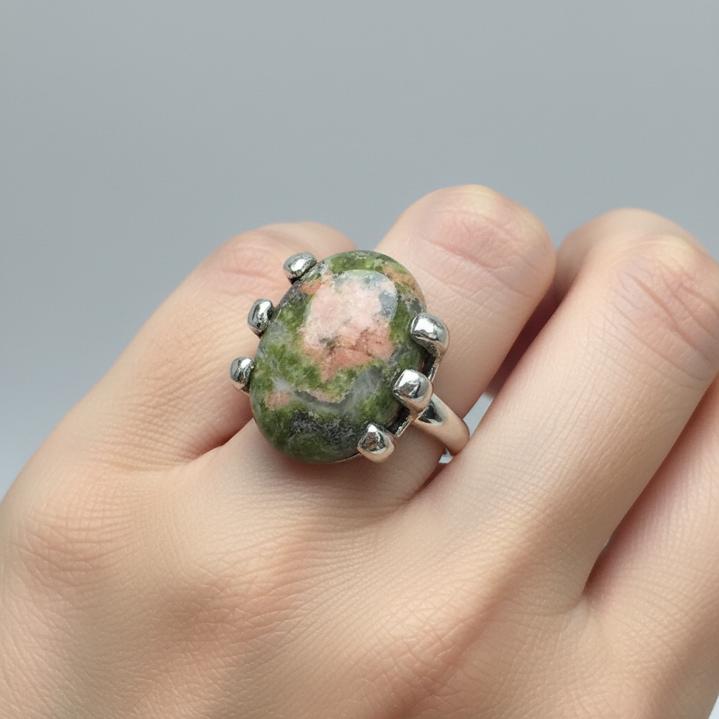 Unakite fashion ring worn on model's hand, silver prong setting, editorial jewelry photography