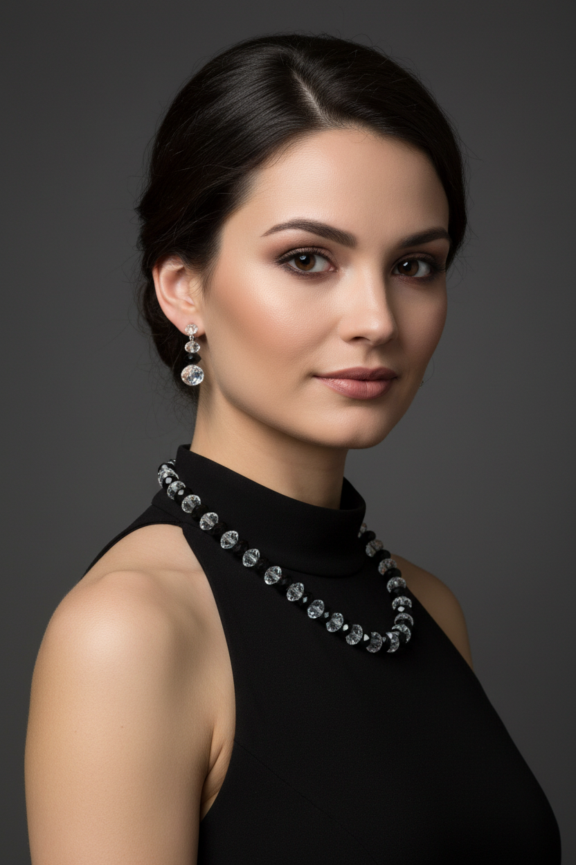 Model wearing black and crystal necklace set with matching earrings