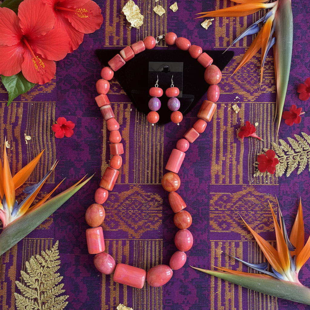 Geometric glazed bead necklace set draped on kente fabric with tropical flowers and gold accents